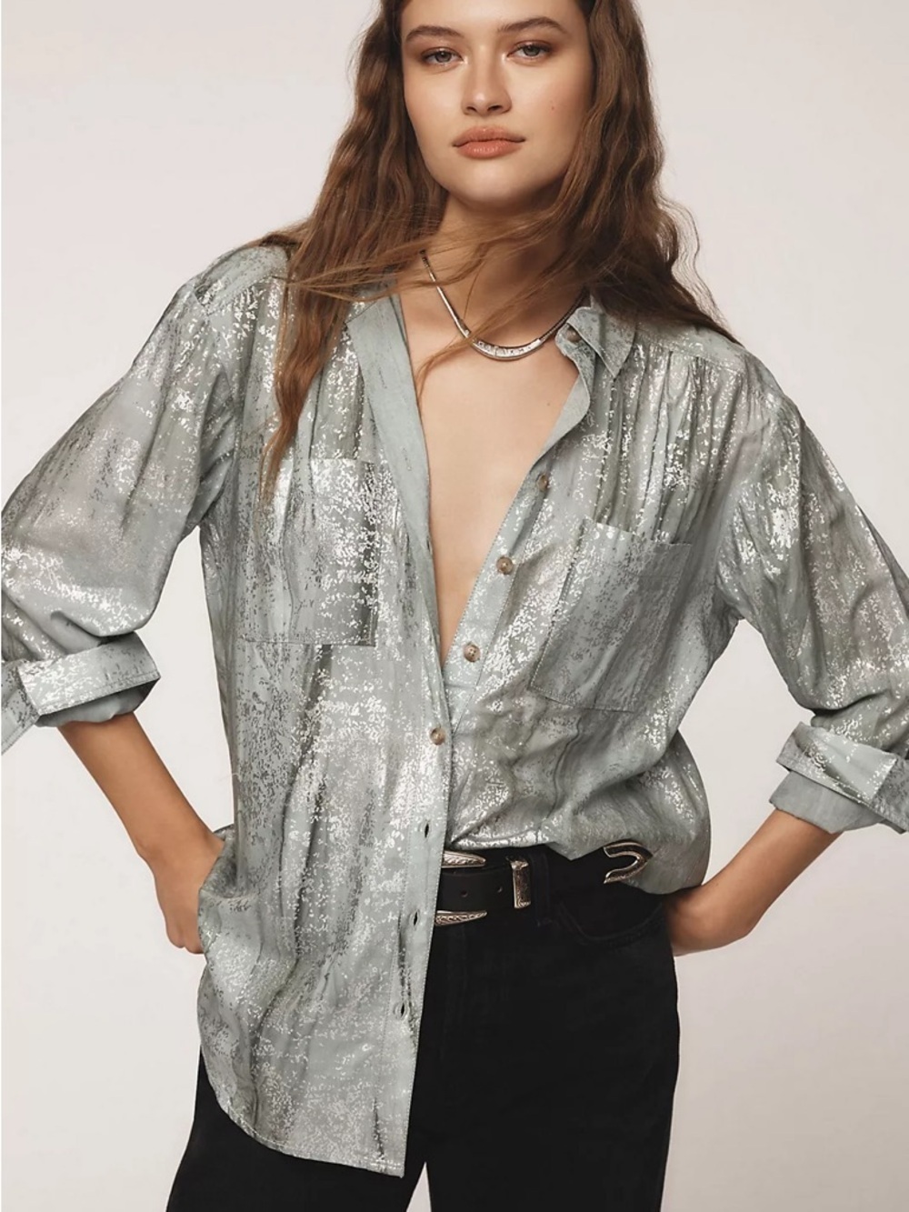 Anthropologie Pilcro Foil Shine Silver Buttondown Shirt
